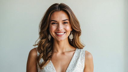 happy smiling beautiful woman in a elegant dress looking at the camera on a clean background - obrazy, fototapety, plakaty