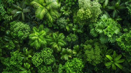 An aerial view of a dense rainforest canopy, showcasing the richness of the ecosystem and the multiple layers of vibrant vegetation. - obrazy, fototapety, plakaty