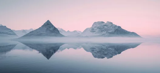 Zelfklevend Fotobehang Serene mountain landscape reflected in tranquil water at dawn. Nature tranquility. © Postproduction