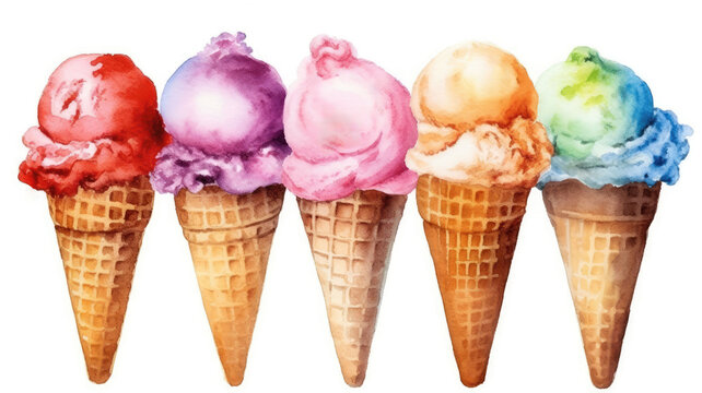 Watercolor illustration of group of colorful ice cream cones