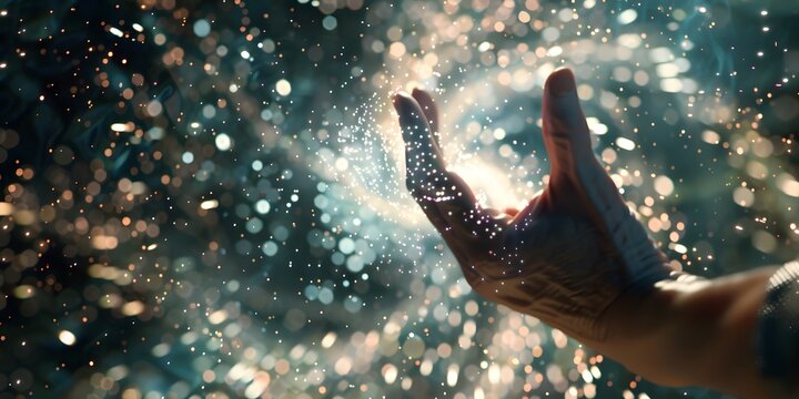 Hand reaching inside spinning vortex of light particles in big data and artificial intelligence concept