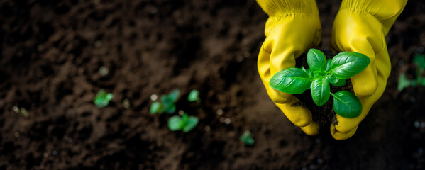 Closeup of hands nurturing a vibrant basil plant in rich soil, symbolizing organic gardening. Fresh basil plant care in a home garden. Banner with copy space