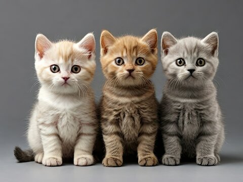 Row of 3 various colored British Shorthair cat kittens, standing and sitting together. All facing camera. Isolated on on white backgroun