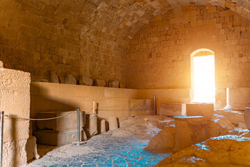Pieces of columns inside an ancient Greek temple.