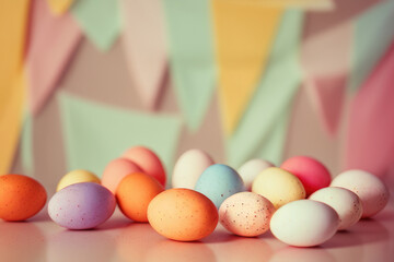 Colorful easter eggs on table against colorful flags - 741642911