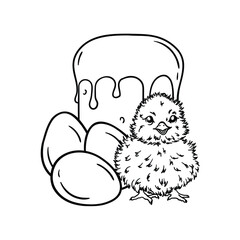Coloring page with chicken, Easter cake and eggs. Black and white vector illustration. Greeting card.