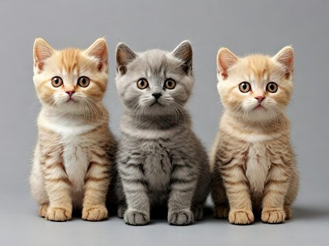 Row of 3 various colored British Shorthair cat kittens, standing and sitting together. All facing camera. Isolated on on white background