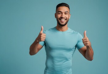 A joyful man in a teal t-shirt giving a double thumbs up, exuding cheerfulness.