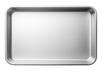 Metal baking pan aluminum tray isolated. Stainless tray. Top view. Stainless steel Stomatological tray, Medical tray.