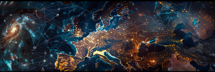 A digital map of Western Europe illuminated by a constellation of interconnected nodes, illustrating the region's prominence in the global network