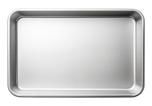 Metal baking pan aluminum tray isolated. Stainless tray. Top view. Stainless steel Stomatological tray, Medical tray.