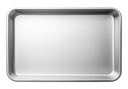 Metal baking pan aluminum tray isolated. Stainless tray. Top view. Stainless steel Stomatological tray, Medical tray.