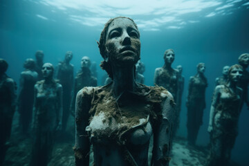 Underwater sculpture installation with statues representing conservation efforts. Art and environment.