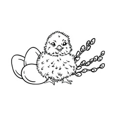 Coloring page chicken, Easter eggs and willow branches. Black and white vector illustration. Greeting card.