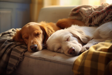 Two dogs sleeping peacefully on cozy sofa. Pet companionship and relaxation.