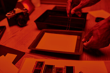 cropped view of photographer delicately holding tweezers near water bath with photo in darkroom
