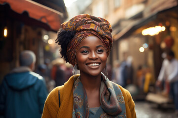 Smiling woman with headwrap exploring vibrant street market. Urban exploration and style. - obrazy, fototapety, plakaty