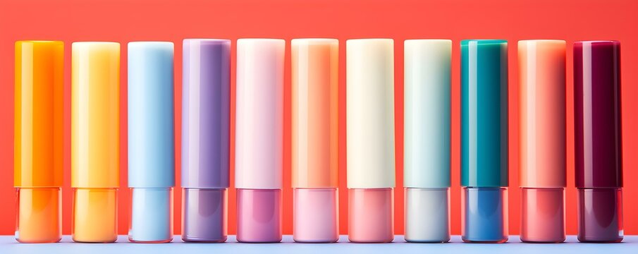 Assorted vibrant lip balm tubes in various colors with space for text on a solid background. Concept Beauty, Lip Balm, Vibrant Colors, Copy Space, Product Photography