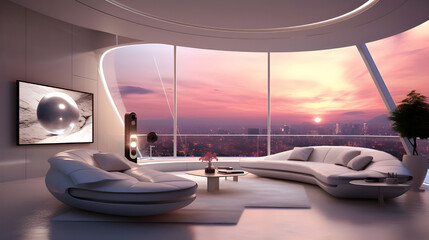  A modern living room with frames displaying abstract digital art, creating a futuristic and...