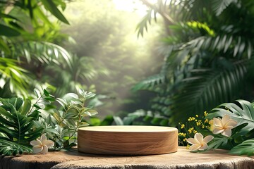 Wooden product display podium for cosmetic product. Ai generative
