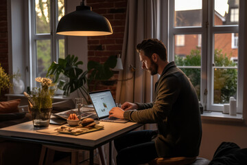 Fototapeta premium Focused man working on laptop in home office at night. Remote work and technology.