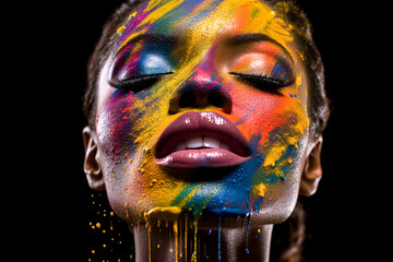 A woman with her face painted in different colors with her eyes closed