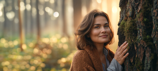 A beautiful 40 year old brunette woman feels a tree with all her senses. She gets new energy while forest bathing (Shinrin Yoku). Blurred background shows a forest clearing with bokeh as copy space.