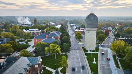 Aerial View of Ypsilanti Water Tower at Sunrise, Suburban Street