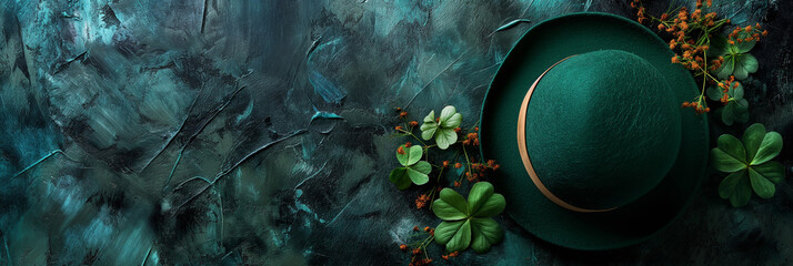 St. Patrick's Day concept clover background, green hat, leaves clovers