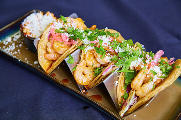 Vibrant Shrimp Tacos with Pickled Onions and Cilantro on Metallic Tray