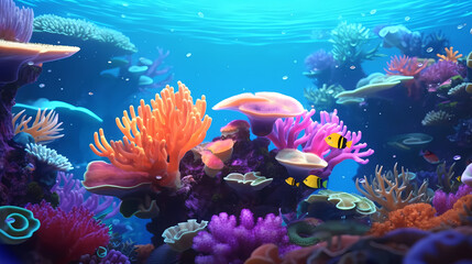 Naklejka na ściany i meble Colorful tropical coral reef with various marine species