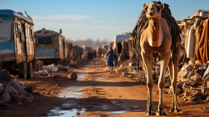 A caravan travels the desert, the camels rest when they reach their destination