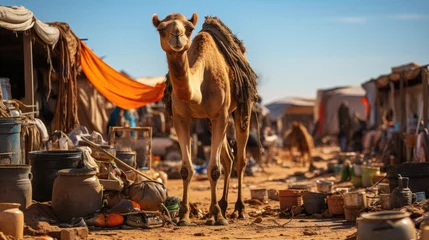 Foto op Plexiglas A caravan travels the desert, the camels rest when they reach their destination © siripimon2525