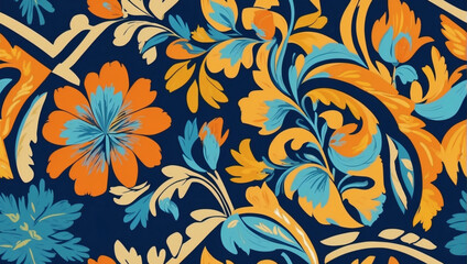 Bold marigold-themed seamless pattern, Geometric ethnic oriental ikat design for background, carpet, and Batik. Vector illustration with a touch of embroidery style. 