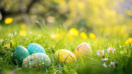 Tuinposter hand painted Easter eggs in beautiful nature landscape in spring. Easter eggs on the fresh green meadow © Zain