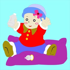 Vector of a cute baby siting on a pillow