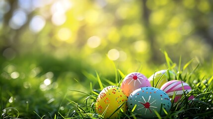 hand painted Easter eggs in beautiful nature landscape in spring. Easter eggs on the fresh green meadow
