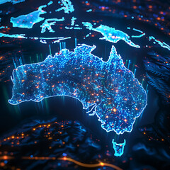 A digital rendering of Australia overlaid with pulsating data streams, symbolizing the country's pivotal role in the global exchange of information and innovation