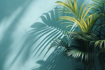 Fototapeta na wymiar Palm leaves cast a hazy shadow on the bright blue surf. AI-generated