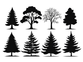 Set of silhouettes of trees, bushes and grass
