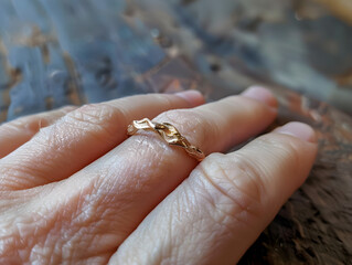 Elegant 14k Gold Ring on Hand with Unique Twisted Design - Shiny Finish, Luxury Jewelry Concept for Special Occasions and Fashion Accessory Elegance