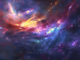 Obraz premium Majestic Interstellar Nebula Display - Vibrant and Saturated Cosmic Dust Clouds, Illuminated by Starlight, Background Concept of Mystery and Exploration of the Universe