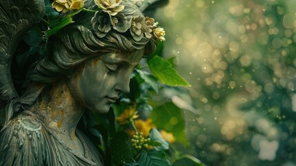 Statue of an angel with flowers in the garden. Bokeh background.
