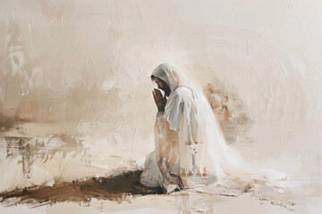Digital oil painting of Jesus Christ in a shawl praying on his knees, on white paint background.