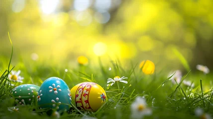 Foto op Canvas hand painted Easter eggs in beautiful nature landscape in spring. Easter eggs on the fresh green meadow © Zain
