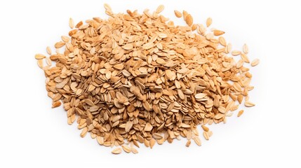 Top view photo of granola pile isolated on white background, muesli texture, scattered seeds pattern, cereal grain for healthy