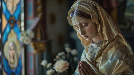 Statue of Mother Mary in the church. Selective focus.