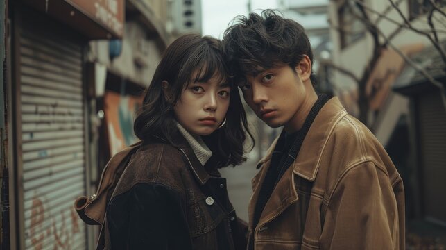 Portrait of young asian couple walking in the city.