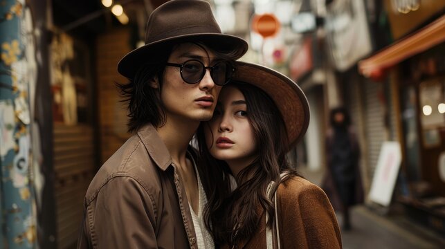 Stylish young couple in hats and coat walking in the city.