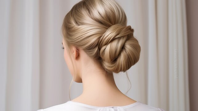 Tutorial photo of simple elegant hairstyle twisted bun with plait for long hair